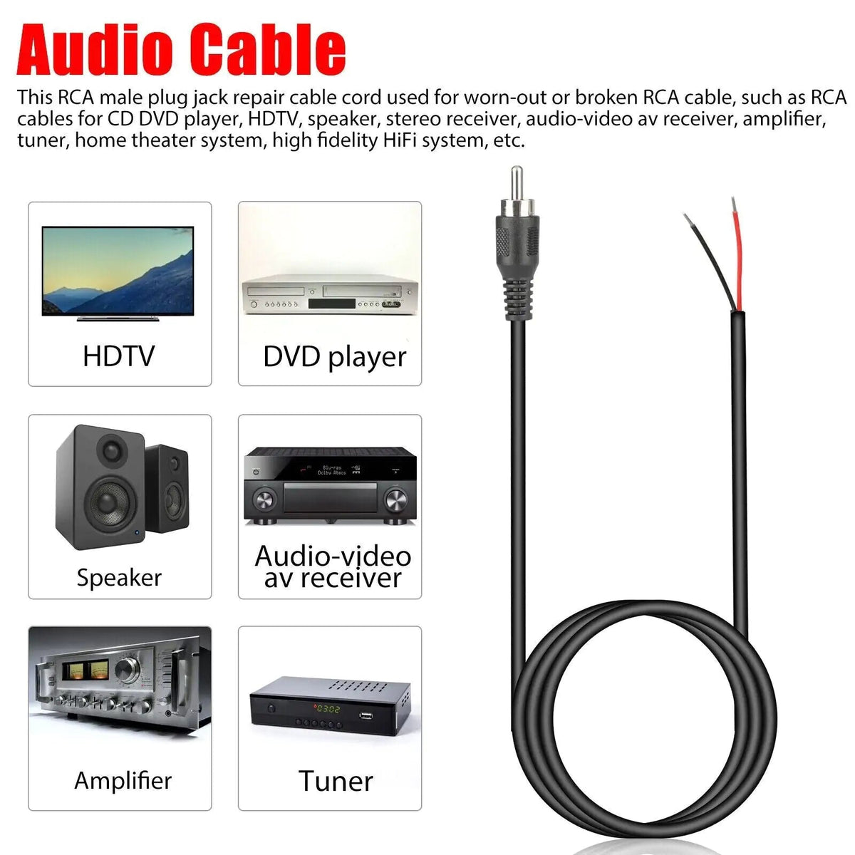 2 - Pack 10 FT RCA Male Plug to Bare Wire Audio Speaker Subwoofer HDTV Cable Cord - Rieworkes