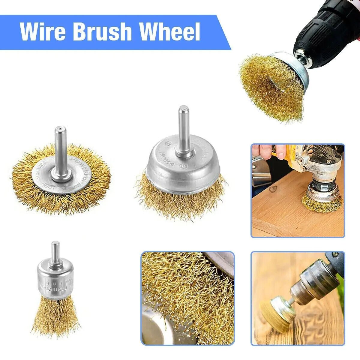 2 - Pack 3 Pcs Wire Brush Wheel Set Cup Drill Bit Rust Paint Attachment 1/4" USA - Rieworkes