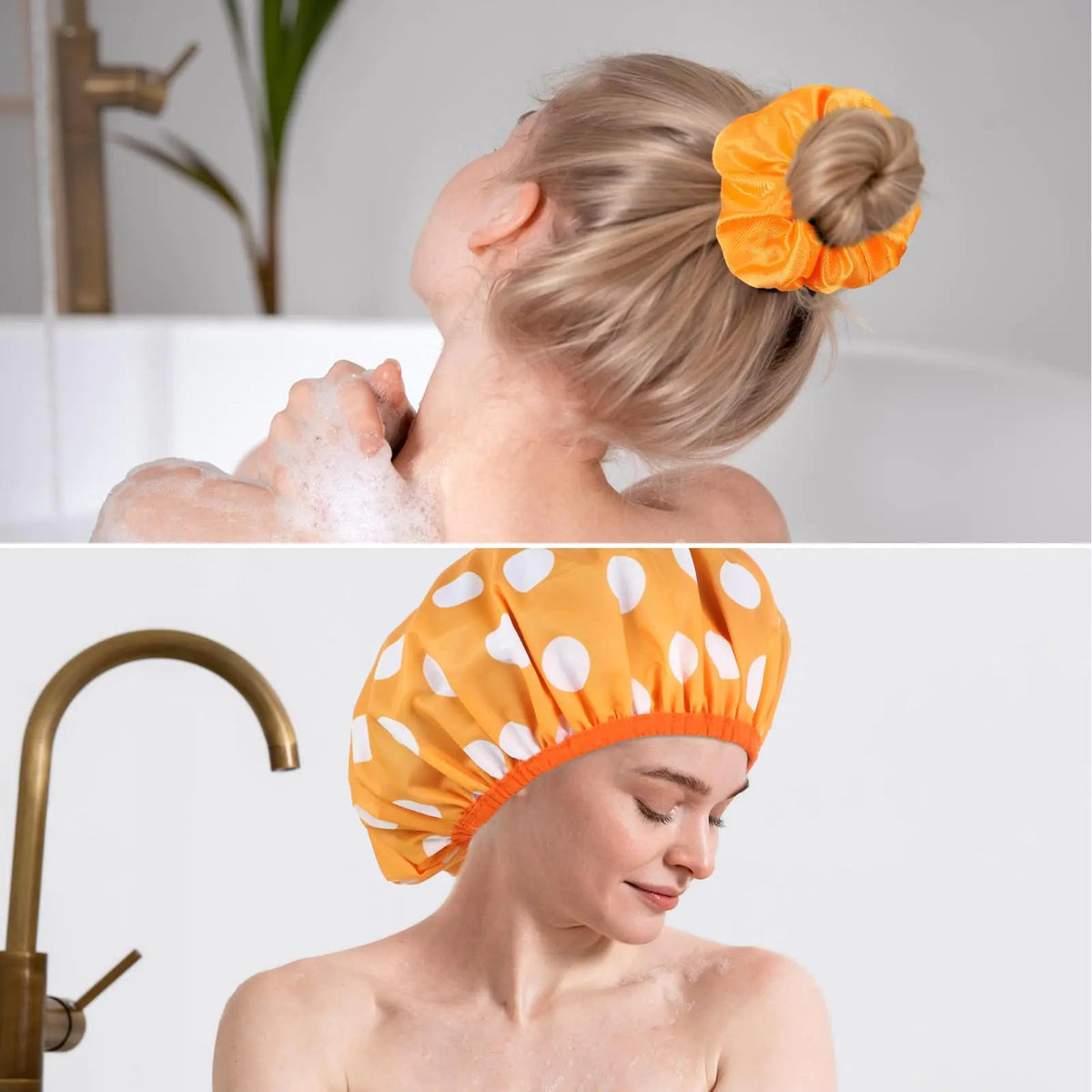 2 Packs Large Shower Caps for Women, Reusable Waterproof Shower Cap Bath Caps with Hair Scrunchies for Long Thick Hair (Purple/Orange) purple, orange - Rieworkes