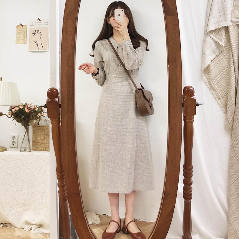 2020 Korean Style Long Sleeve Checkered Dress Mimarta