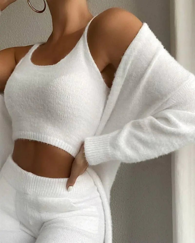 3 Pcs Womens Clothing Fashion Solid Fluffy Plain Crop Top &amp; Skinny Pants &amp; Longline Coat Set Warm Cozy Suit Sets - Rieworkes
