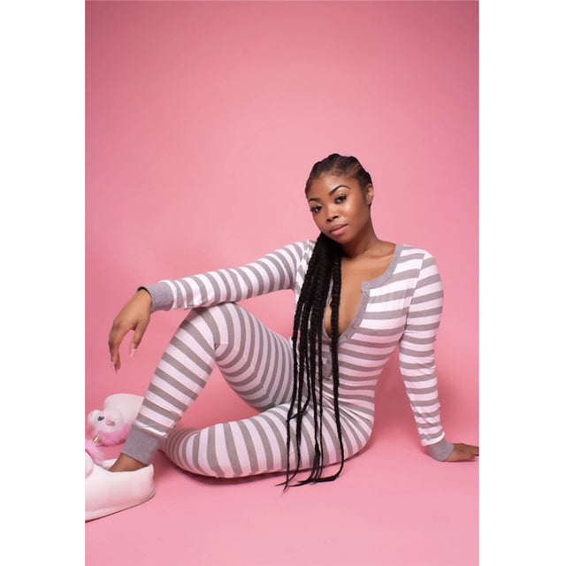 Autumn V-neck Striped Long-Sleeved Pajama Set Mimarta