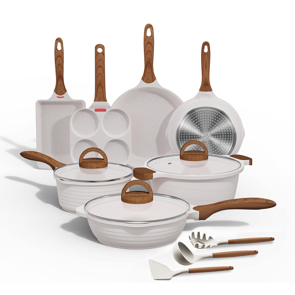 JEETEE Pots and Pans Set Nonstick White Granite Induction Cookware Sets 13 Pieces w/Frying Pan Saucepan Sauté Pan Tamagoyaki Pan Egg Pan Cooking Pots PFOA Free Mimarta