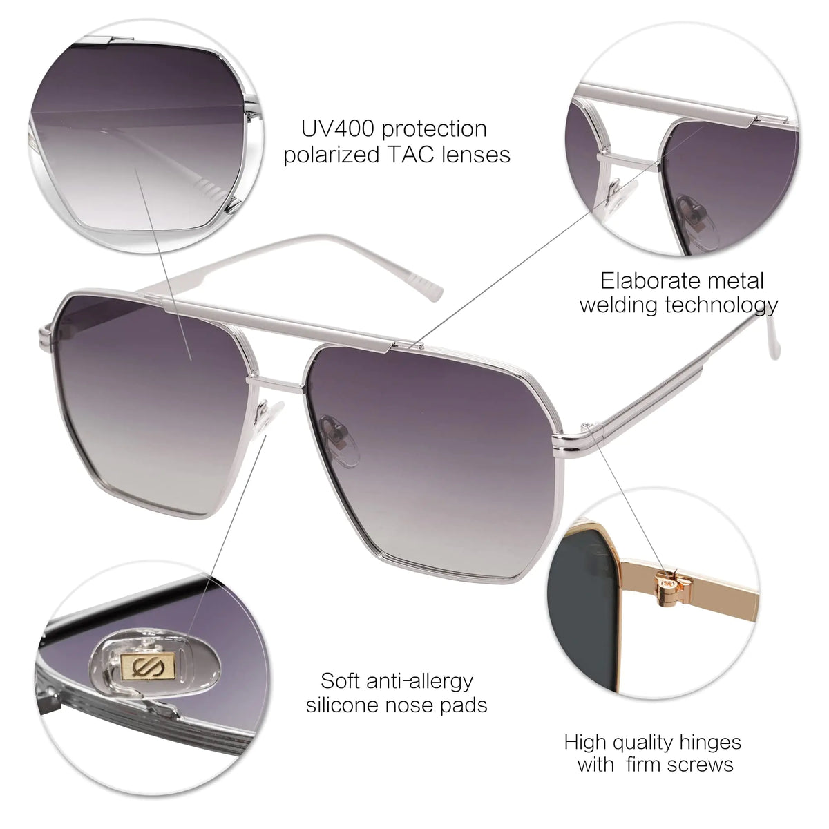 SOJOS Retro Oversized Square Polarized Sunglasses for Women and Men Vintage Shades UV400 Classic Large Metal Sun Glasses Silver/Grey Rieworkes