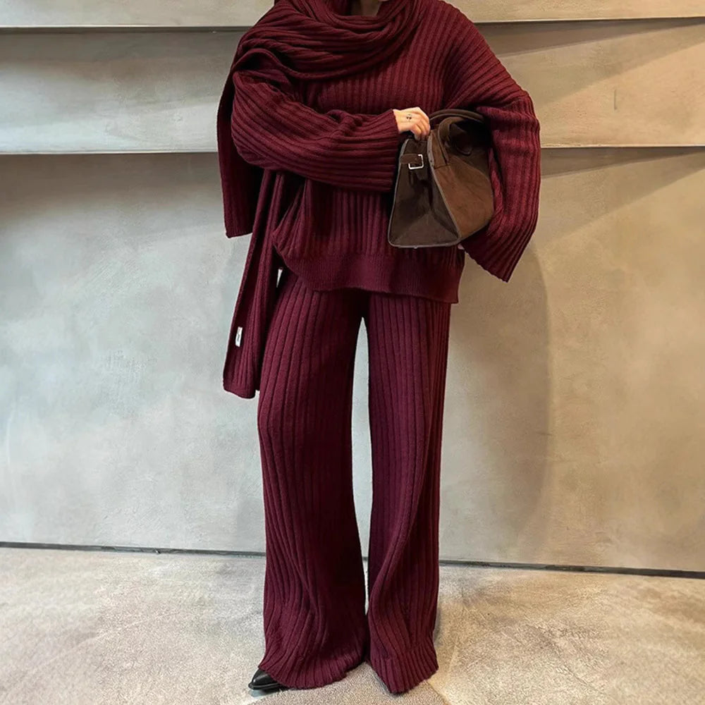 V-Neck Top &amp; Wide Leg Pants Set with Scarf Rieworkes