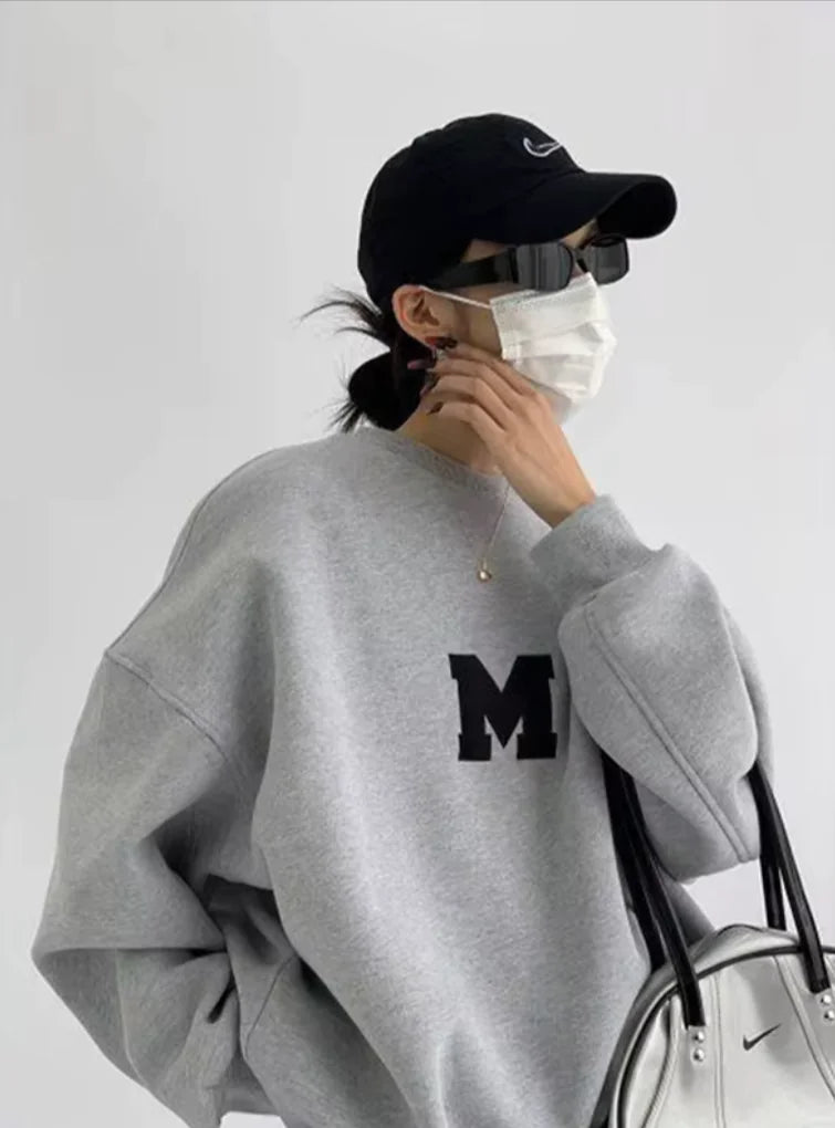 MEXZT Streetwear Y2K Oversized Fleece Sweatshirt with Letter Print – Harajuku &amp; Korean Inspired Casual Hoodie for Women Rieworkes