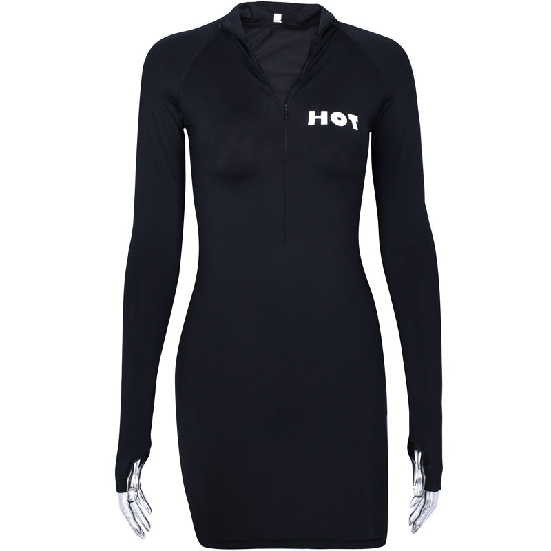 Sexy Zip Collar Long Sleeve Dress Mimarta