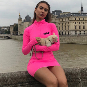 Sexy Zip Collar Long Sleeve Dress Mimarta