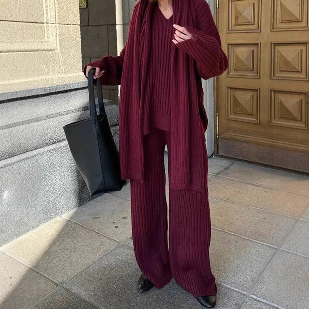 V-Neck Top &amp; Wide Leg Pants Set with Scarf Rieworkes