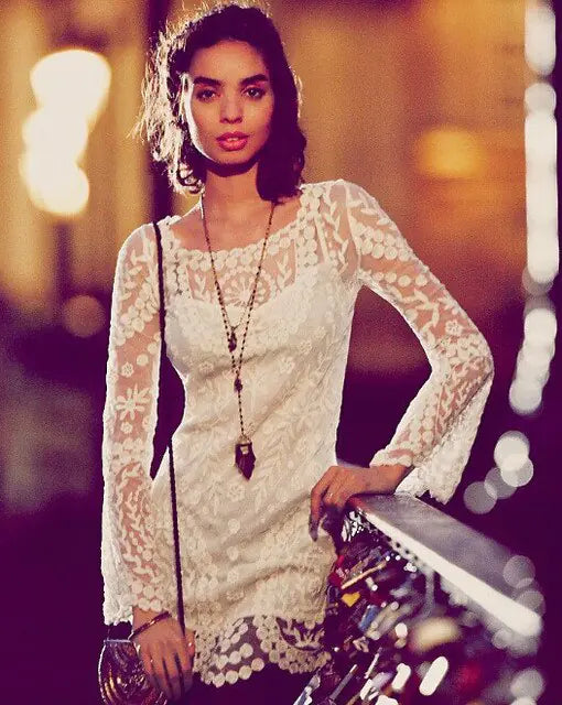 2021 hot sale flower pattern long sleeve loose hook beach dress women&amp;#39;s hollow out sexy lace dress elegant sexy lace beach dress Rieworkes