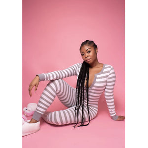 Autumn V-neck Striped Long-Sleeved Pajama Set Mimarta