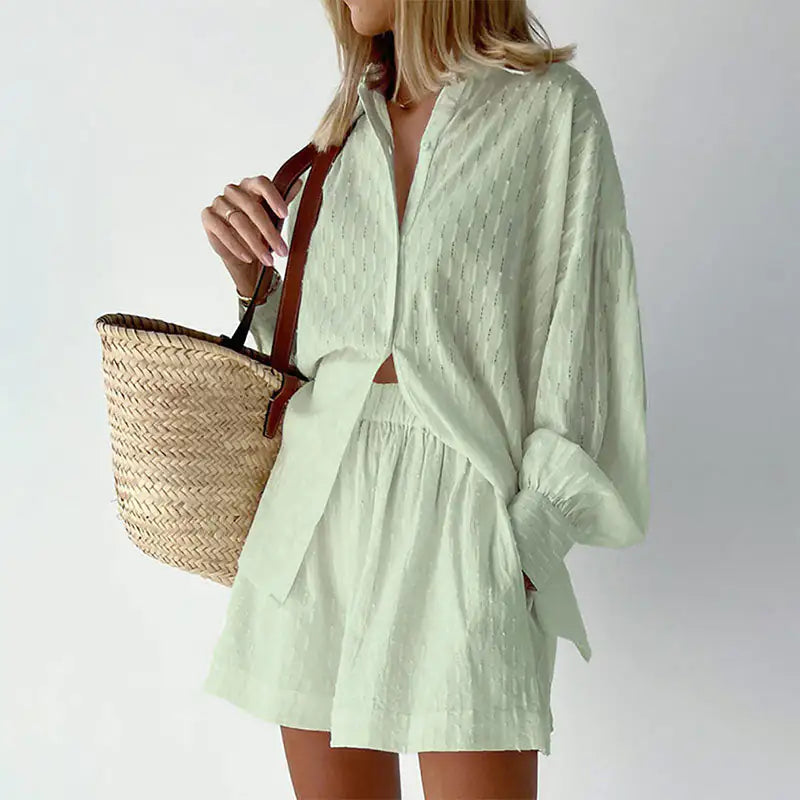 Lantern Sleeve Loose Shirt and Short Set 2 Piece Outfits Rieworkes