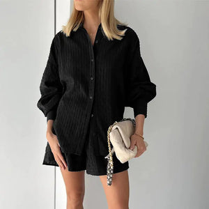 Lantern Sleeve Loose Shirt and Short Set 2 Piece Outfits Rieworkes