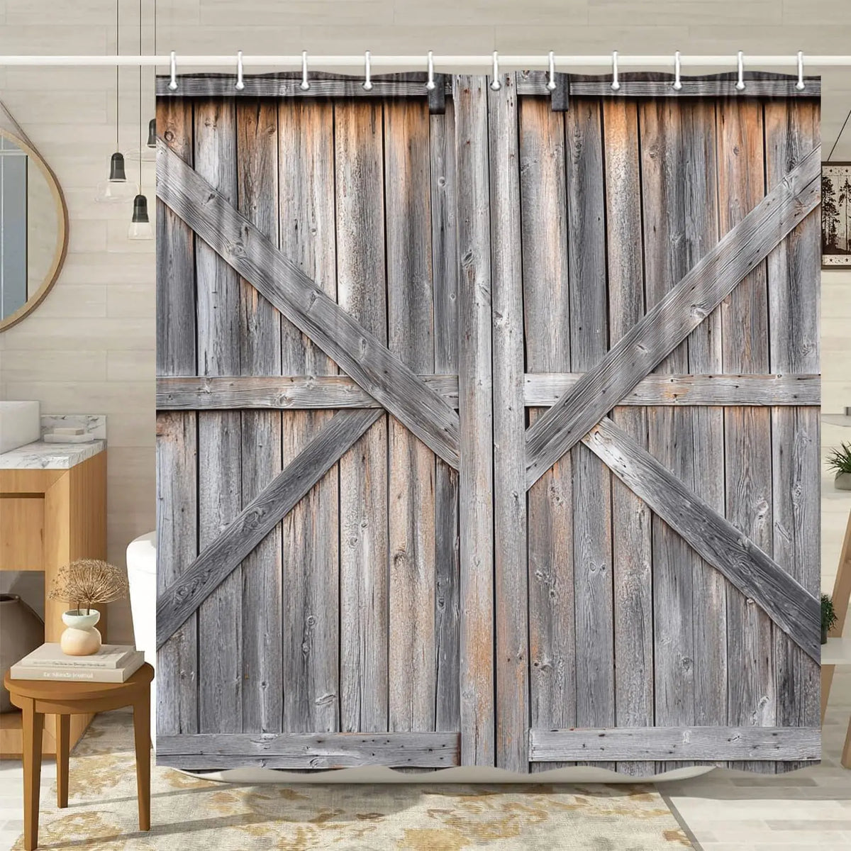 Wooden Barn Door Shower Curtain Rustic Wooden Garage Door Shower Curtain Vintage Wood Farmhouse Shower Curtain Country Barn Door Shower Curtain with Hooks 72X78 Inch Grey Mimarta