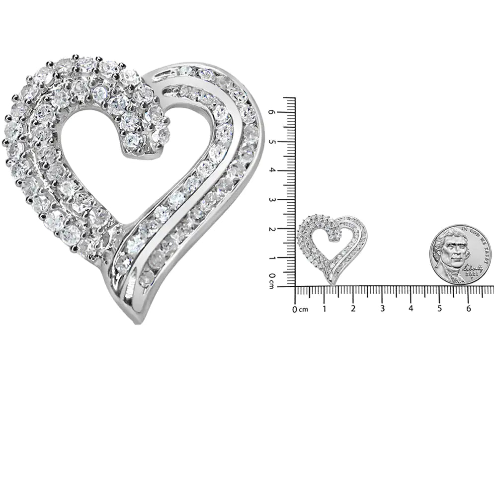 .925 Sterling Silver 1.0 Cttw Prong &amp; Channel - Set Diamond Open work Ribbon Heart Pendant 18" Necklace (I - J Color, I3 Clarity) - Rieworkes