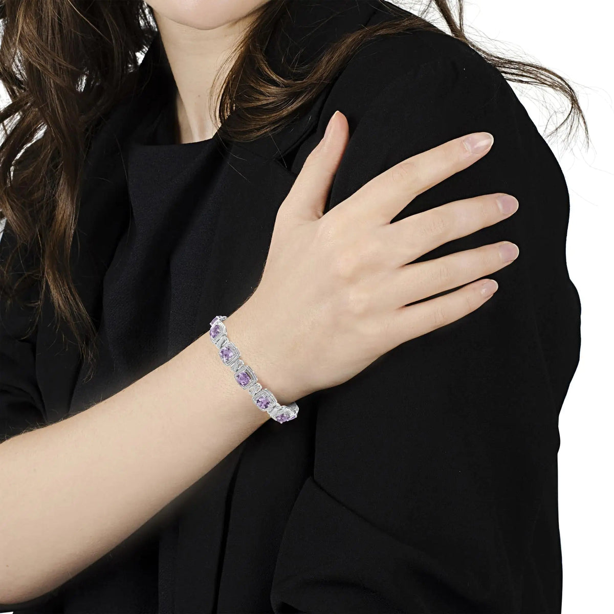 .925 Sterling Silver 7x7 mm Cushion Cut Purple Amethyst and 1/10 cttw Round Cut Diamond Square Shape Tennis Bracelet (I - J Color, I1 - I2 Clarity) - 7" - Rieworkes