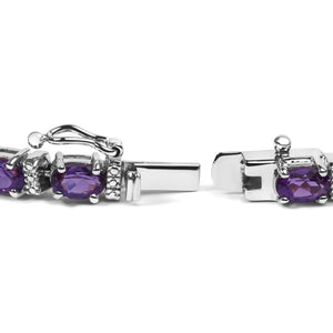 .925 Sterling Silver 9 1/2 Cttw Alternating Oval Amethyst and White Diamond Accent Link Tennis Bracelet (I - J Color, I3 Clarity) - 7.25" Inches - Rieworkes