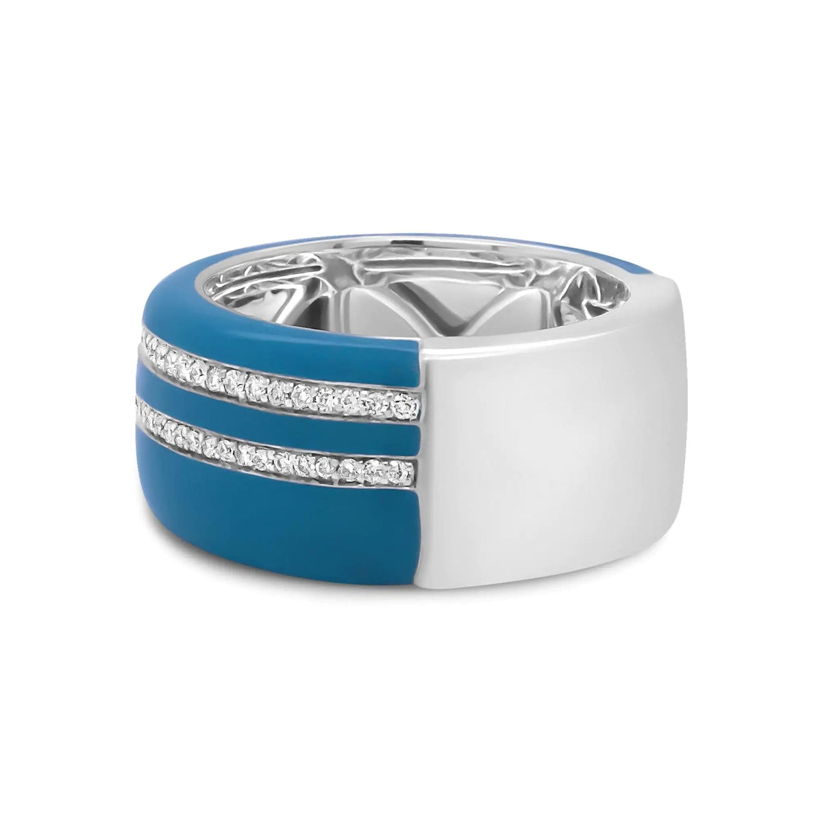 .925 Sterling Silver Turquoise Enamel 5/8 Cttw Round Diamond Wide Band Statement Ring (F - G Color, VS1 - VS2 Clarity) - Rieworkes