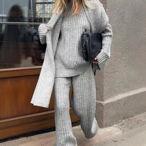 V-Neck Top & Wide Leg Pants Set with Scarf Rieworkes