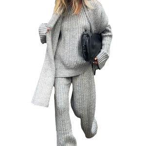 V-Neck Top & Wide Leg Pants Set with Scarf Rieworkes