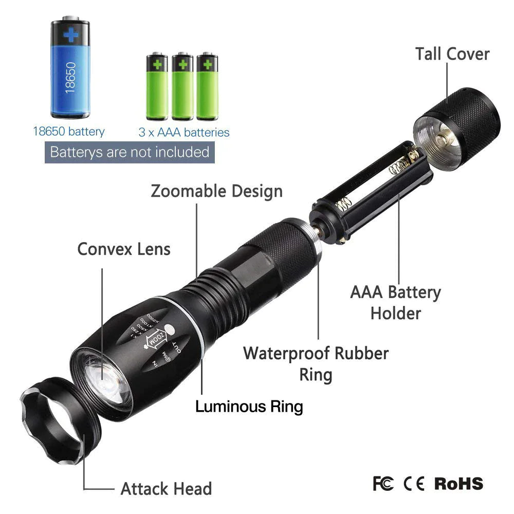 Super-Bright 90000LM LED Tactical Flashlight 5 Modes Zoomable Torch Searchlight Rieworkes