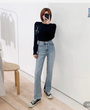 Ladies High Rise Straight Leg Jeans with Side Slit Rieworkes