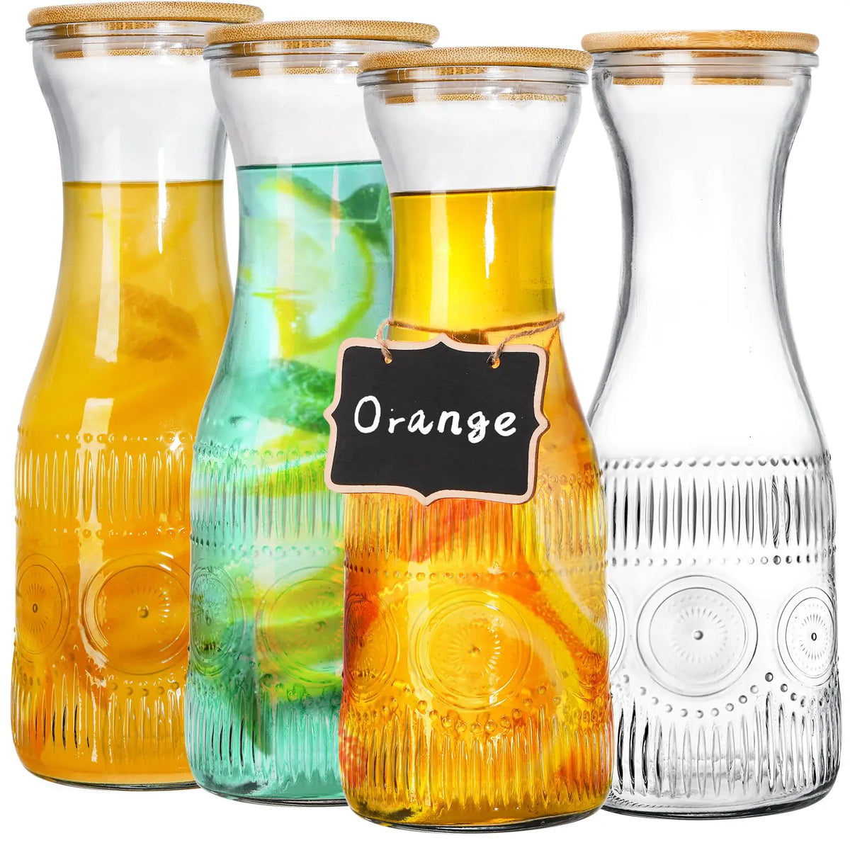 YOUEON 4 Pack 1 Liter Glass Carafe with Lid Clear Glass Pitcher with Bamboo Lid and Chalkboard Tags Water Carafes Juice Carafes for Water Juice Iced Tea Soda Lemonade Mimosa Bar Mimarta