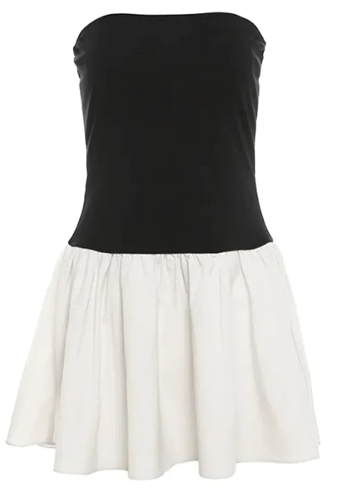 Off-neck Color Contrast Patchwork Pleated Slim Fit Dress Rieworkes
