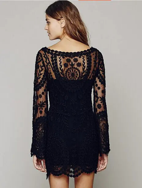 2021 hot sale flower pattern long sleeve loose hook beach dress women&amp;#39;s hollow out sexy lace dress elegant sexy lace beach dress Rieworkes