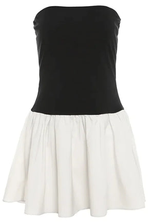 Off-neck Color Contrast Patchwork Pleated Slim Fit Dress Rieworkes