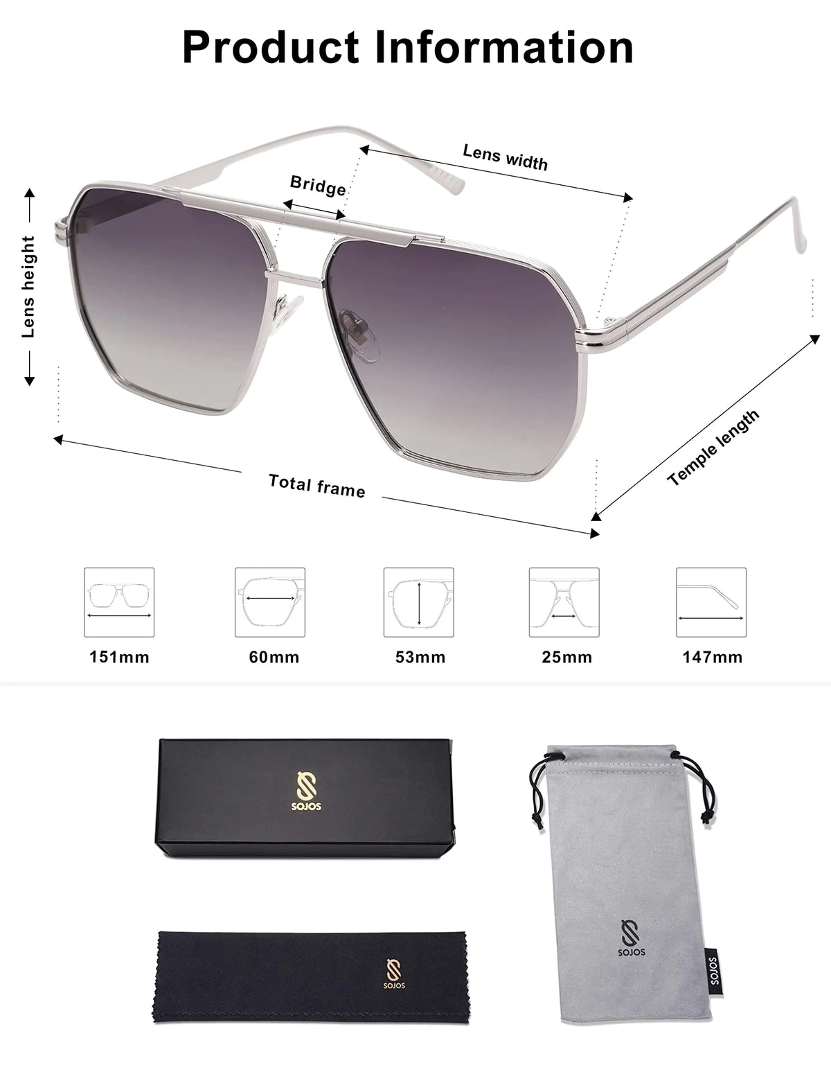 SOJOS Retro Oversized Square Polarized Sunglasses for Women and Men Vintage Shades UV400 Classic Large Metal Sun Glasses Silver/Grey Rieworkes