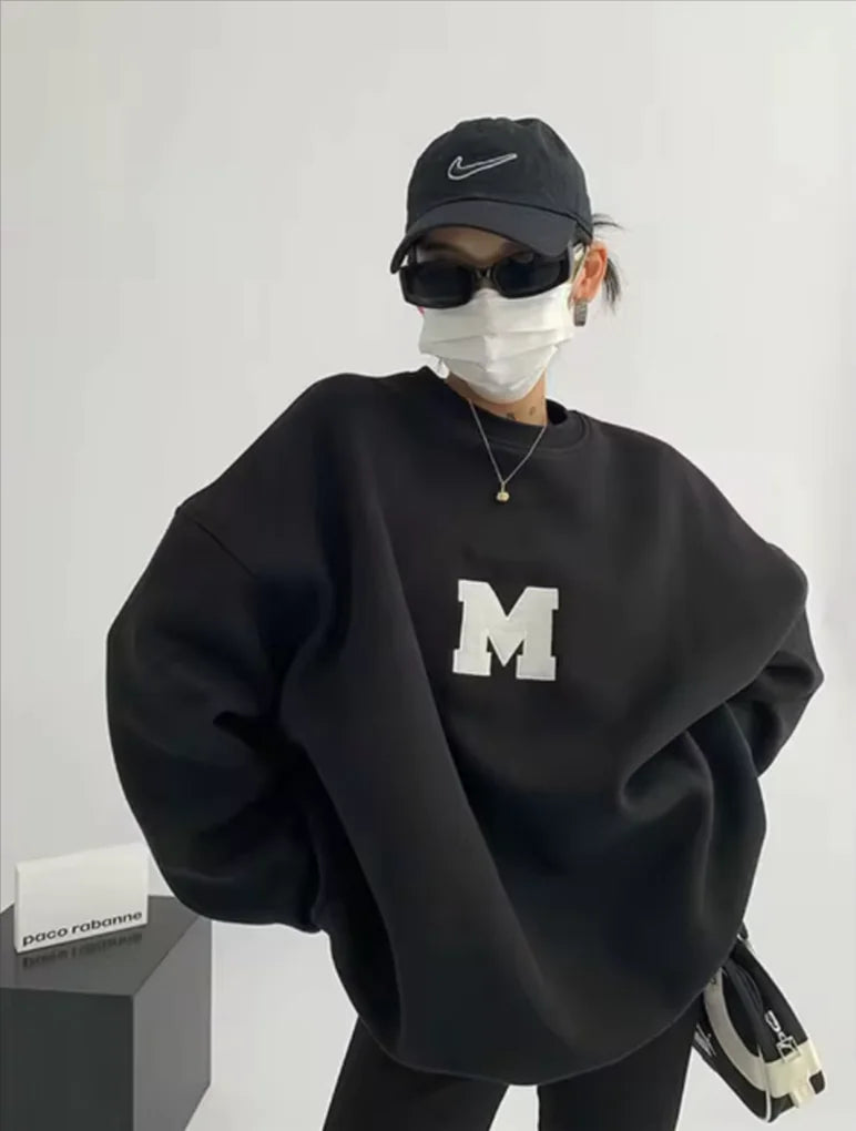 MEXZT Streetwear Y2K Oversized Fleece Sweatshirt with Letter Print – Harajuku &amp; Korean Inspired Casual Hoodie for Women Rieworkes