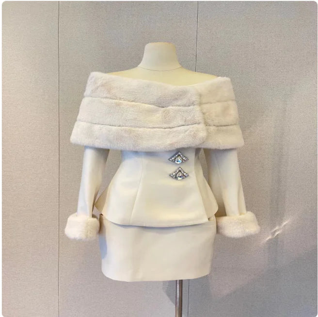 Off-Shoulder Faux Fur Coat & Skirt Set Mimarta