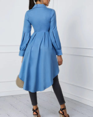 Solid Color Lantern Sleeve Tail Dress & Button Shirt Dress Mimarta