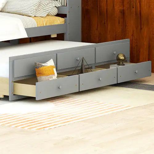 Full Size Bed With USB Type-C Ports, LED Light, Bookcase Headboard, Trundle And 3 Storage Drawers , Full Size Size Bed With Bookcase Headboard, Trundle And Storage Drawers Rieworkes
