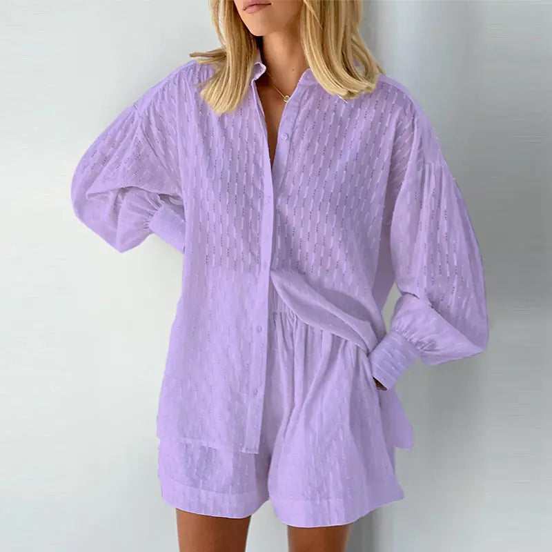 Lantern Sleeve Loose Shirt and Short Set 2 Piece Outfits Rieworkes