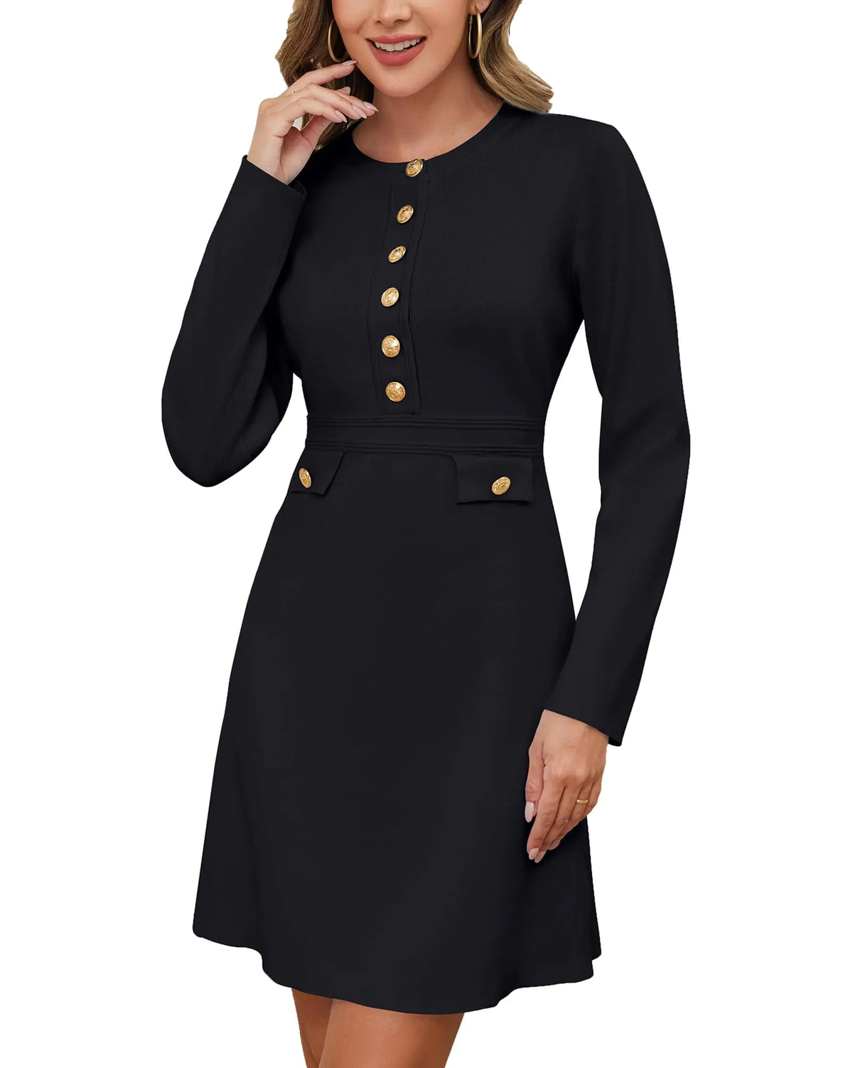 Aokivvy Womens Long Sleeve Sweater Dress Crewneck Button Elegant Bodycon Formal Party Mini Dress (Black S) Mimarta