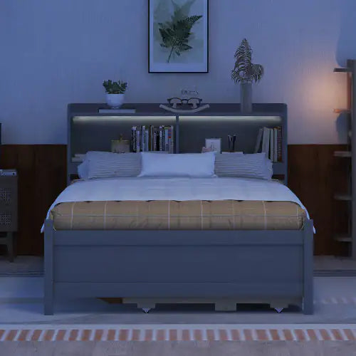Full Size Bed With USB Type-C Ports, LED Light, Bookcase Headboard, Trundle And 3 Storage Drawers , Full Size Size Bed With Bookcase Headboard, Trundle And Storage Drawers Rieworkes