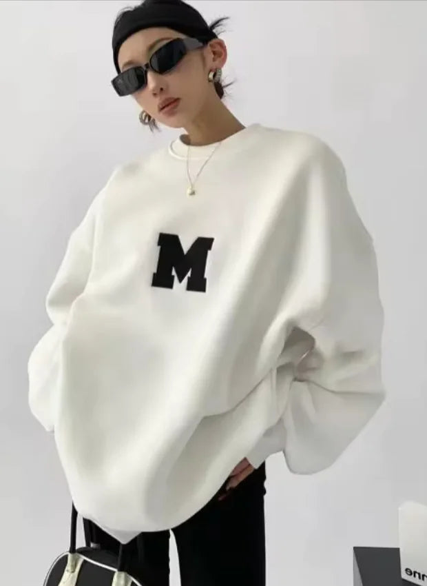 MEXZT Streetwear Y2K Oversized Fleece Sweatshirt with Letter Print – Harajuku &amp; Korean Inspired Casual Hoodie for Women Rieworkes
