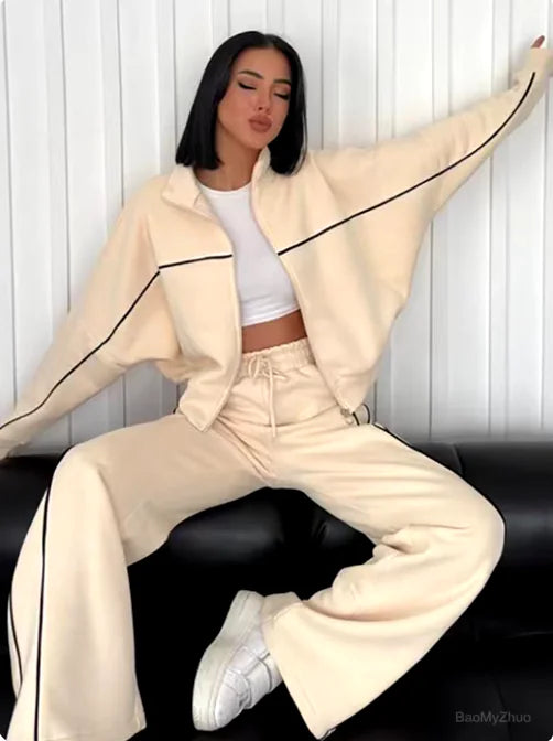 Women's Long Sleeve Half-Turtleneck Cardigan &amp; Trousers Set Rieworkes