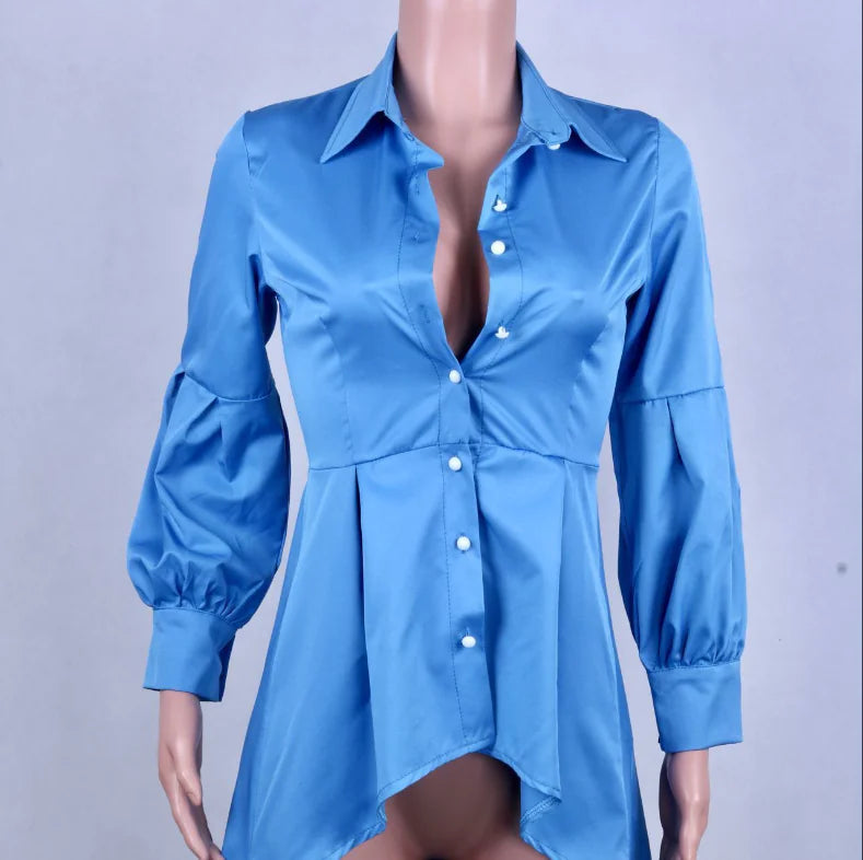 Solid Color Lantern Sleeve Tail Dress & Button Shirt Dress Mimarta