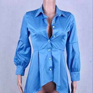 Solid Color Lantern Sleeve Tail Dress & Button Shirt Dress Mimarta