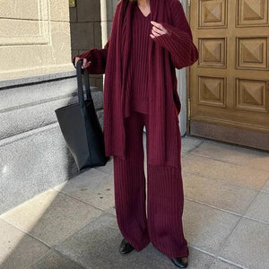 V-Neck Top & Wide Leg Pants Set with Scarf Rieworkes