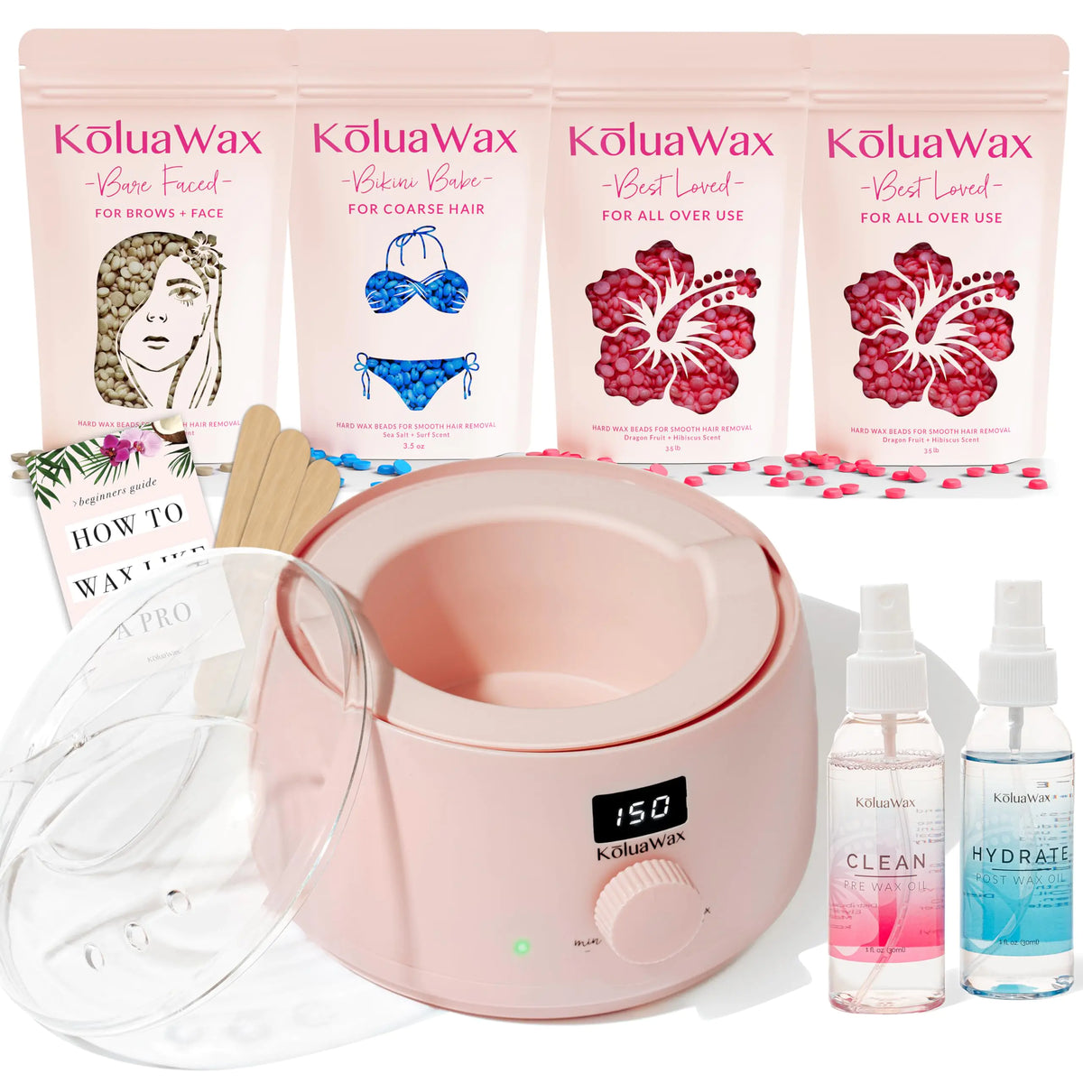 KoluaWax Premium Waxing Kit for Women - Hot Melt Wax Warmer for Hair Removal, Eyebrow, Bikini, Legs, Face, Brazilian Wax &amp; More - Machine + 4-Pack Hard Wax Beads + Accessories, Blush Rieworkes