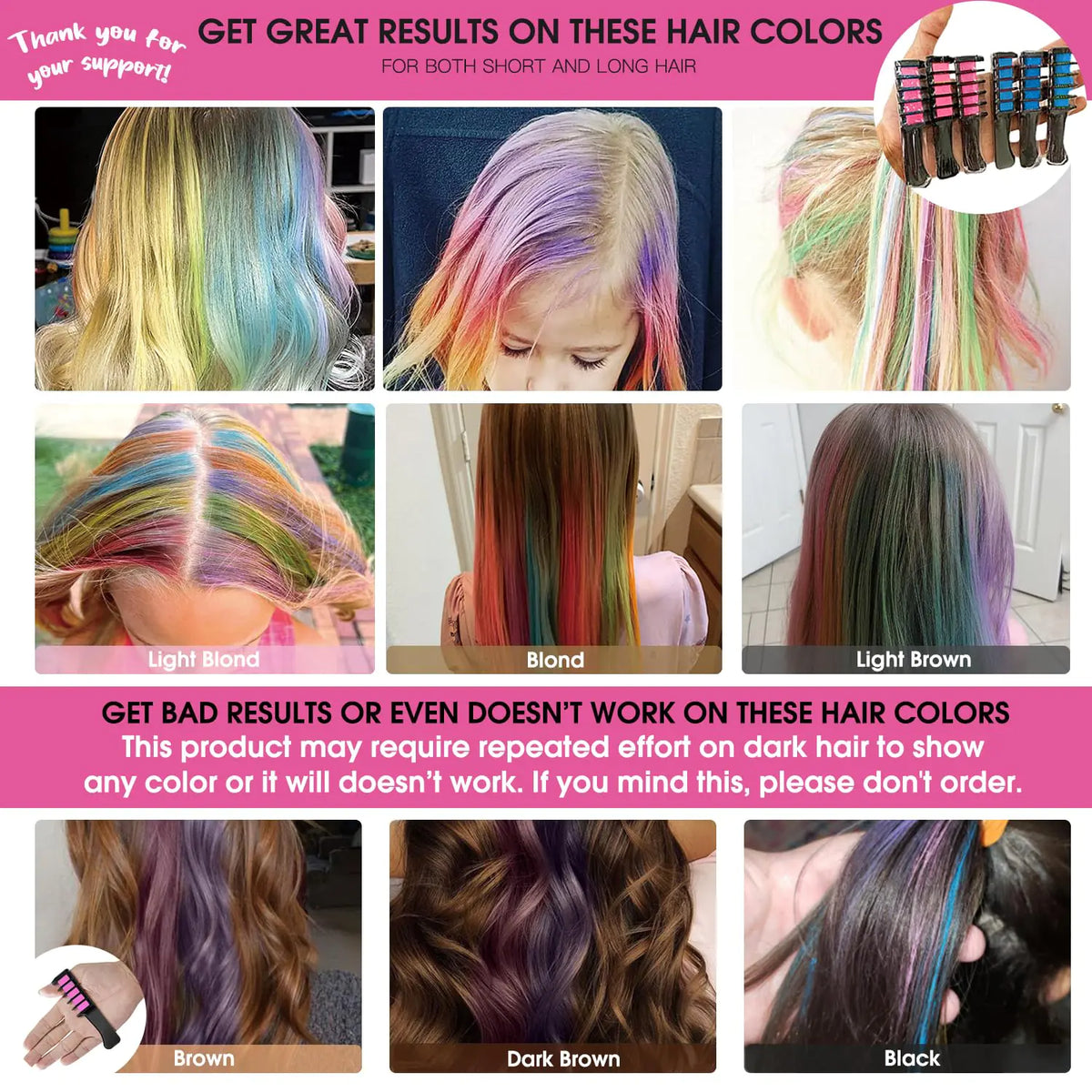 MSDADA New Hair Chalk Comb Temporary Hair Color Dye for Girls Kids with Light Color Hair, Washable Hair Chalk for Girls Age 4 5 6 7 8 9 10 Birthday Cosplay DIY, Halloween, Christmas (Pink+Blue) Pink,Blue Rieworkes