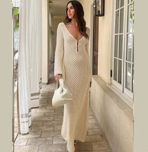 Elegant Sheer V-Neck Knitted Beach Dress – Long Sleeve Cover-Up for Summer &amp; Fall Rieworkes