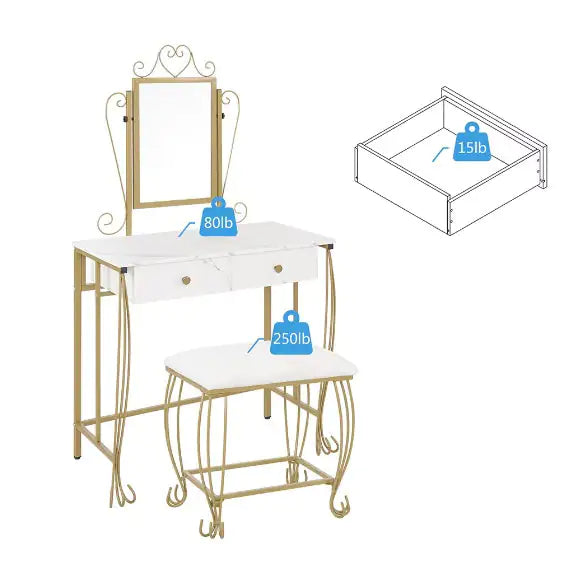 Vanity Table Set With Mirror & Stool,White Makeup Dressing Desk With Drawers For Girls,Women,Bedroom,Gift Rieworkes