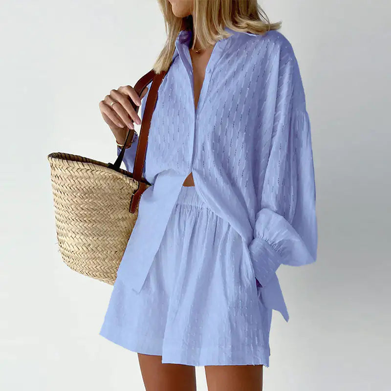 Lantern Sleeve Loose Shirt and Short Set 2 Piece Outfits Rieworkes