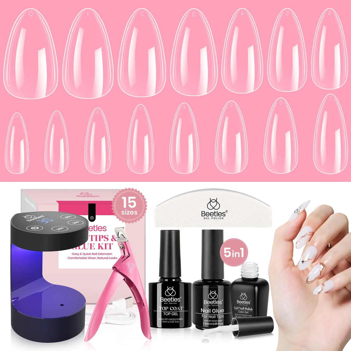 Beetles Gel Nail Kit 600Pcs Medium Almond Nail Tips with Milky White Gel Polish Top Coat, 15 Sizes Soft Clear Gel Nail Tips 5 In 1 Nail Glue Uv Nail Lamp for Nail Extension DIY Nail Salon Gift for Her B-Medium Almond 600pcs(Gel Polish &amp; Top Coat） Rieworkes