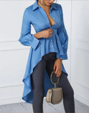 Solid Color Lantern Sleeve Tail Dress & Button Shirt Dress Mimarta